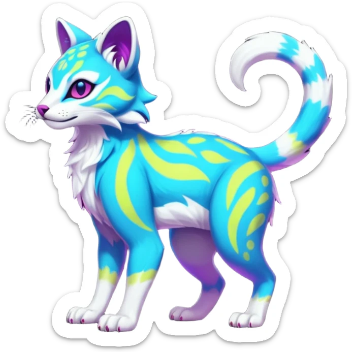 Neon-colored fantasy feline-marsupial-vernid-protogen-primagen-fursona animal creature full body with intricate markings  sticker