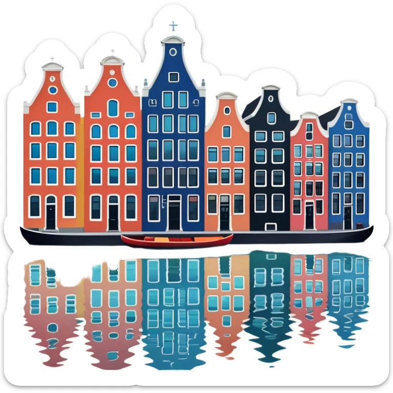 Cinematic Realistic Amsterdam Canal Houses Landmark Emoji, featuring narrow, gabled facades in vibrant colors reflecting on the calm canal waters. sticker