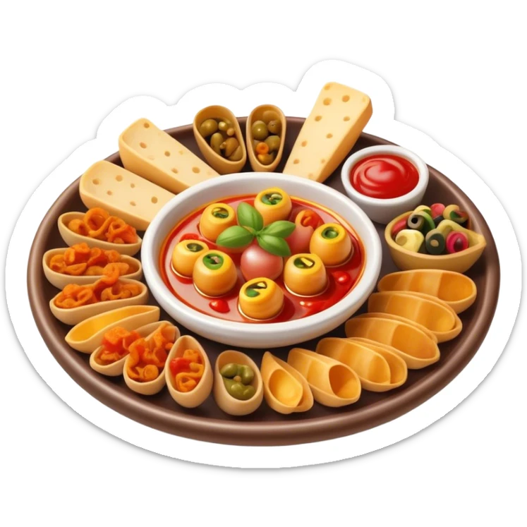 Cinematic Realistic Tapas Dish Emoji, depicted as an assortment of small, flavorful Spanish appetizers rendered with vibrant detail and warm, inviting lighting. sticker