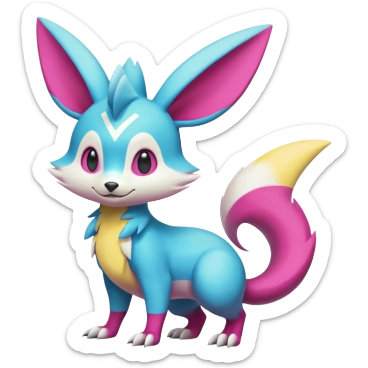 Cyan-Magenta-Yellowish-gradients Minccino-Zeraora-Emolga-Vernid-Sergal-fusion-hybrid-animal-creature, full body sticker