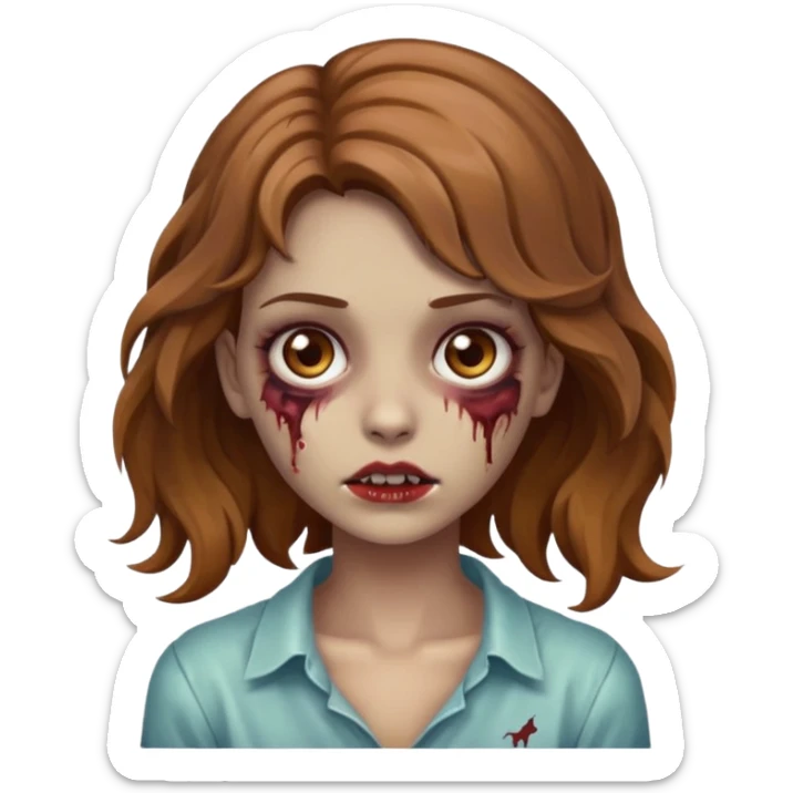 Emoji de garota zumbi bonita, cabelo ondulado castanho bem claro e olho castanho  sticker
