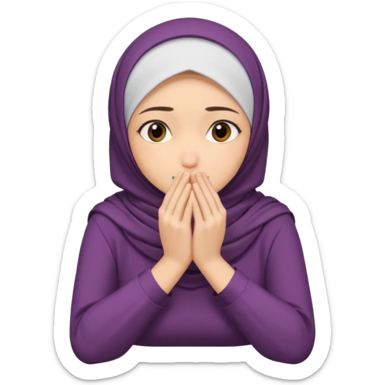  Hijabi girl sitting and hiding her face from her hands made into half open fists and completely covered her face.Her face is completely covered from his hands made in half open fists sticker