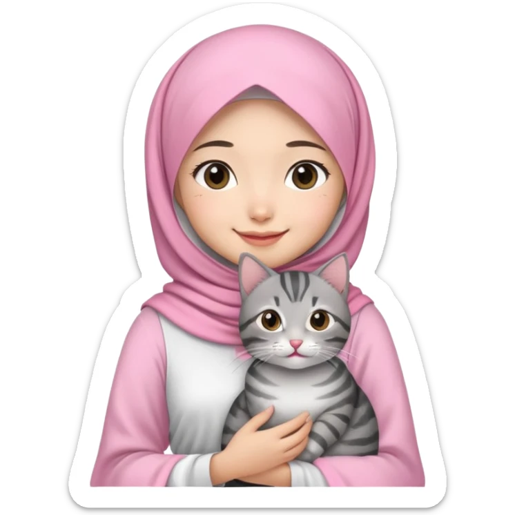 Asian White girl wearing pink hijab and white dress holding a black grey tabby cat while smiling.  sticker