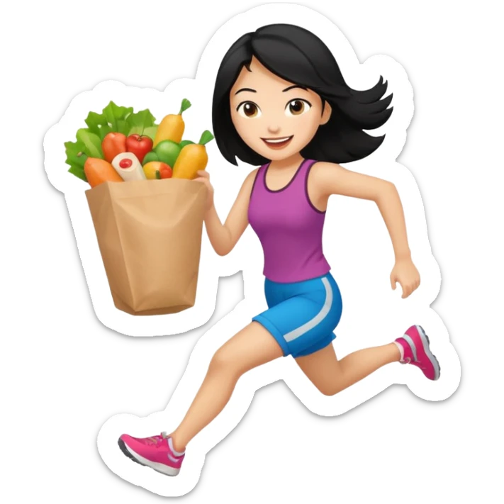 Asian woman with black hair running with food in hand sticker