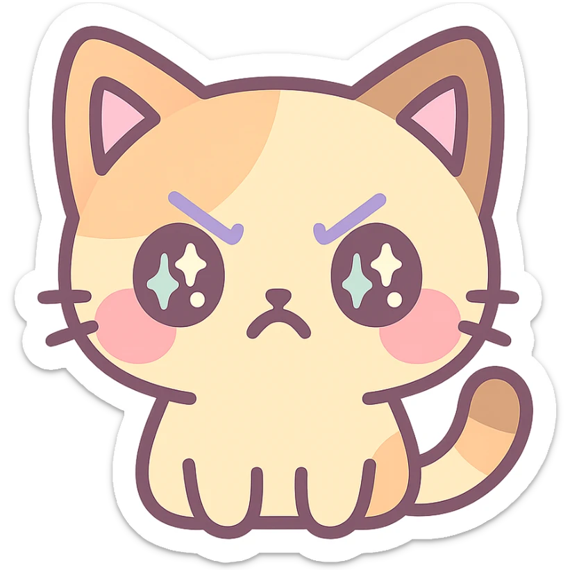 kawaii chibi-style cat emoji with pastel orange and brown cream fur, anime-style angry expression, sparkly eyes, blushing cheeks, pastel color palette, soft rounded design, vector art sticker