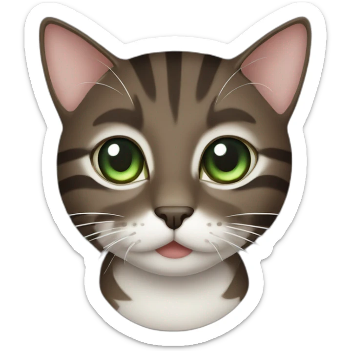 Dark Brown cat with darker stripes and Green eyes, black pupil and White mouth sticker
