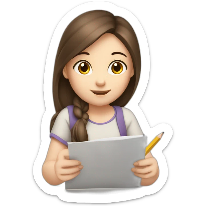 a white skin, brunette haired girl, she is writing on a paper holding a pencil sticker