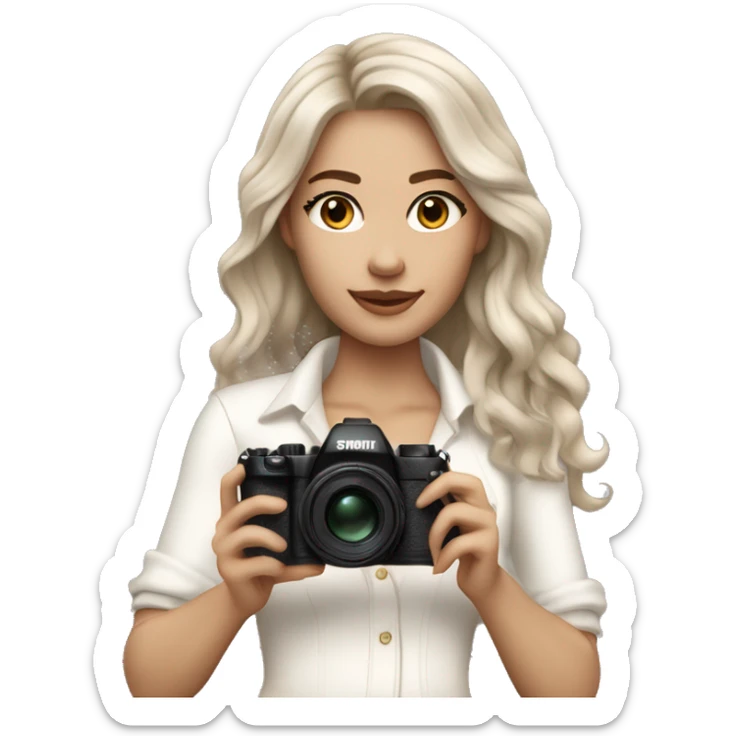 wearing off white classy outfit, her skin tone is light and hair color is ash brown. Hair style is beach waves. The hair is mid length . She has a white skin tone and is holding her camera. She’s taking a picture of someone  sticker