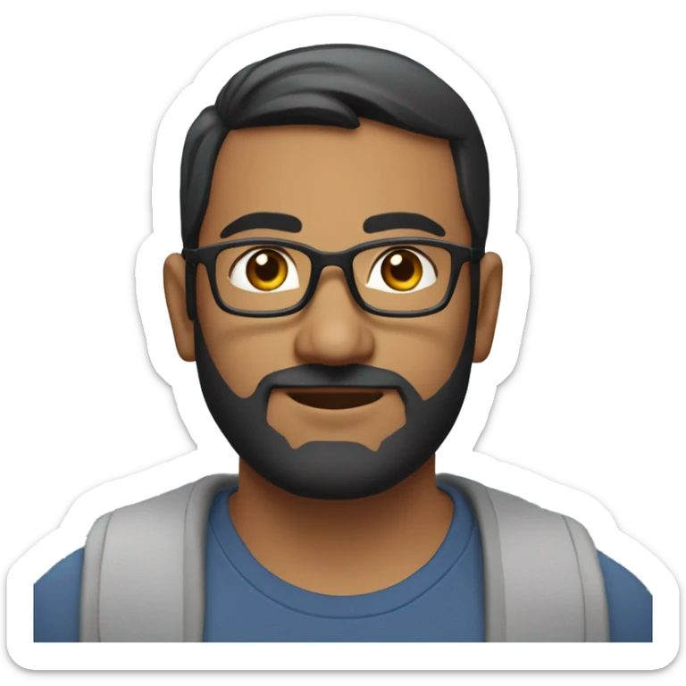 A head and shoulders shot of a 35 year old South Asian man, with short black hair, with beard facial hair,  wearing glasses with brown eyes wearing a t-shirt. sticker