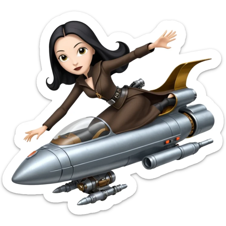 Jedi teen Morticia Addams flying a chrome accented Jumpspeeder anti-gravity repulsorlift powered by an imperial speeder steampunk  sticker