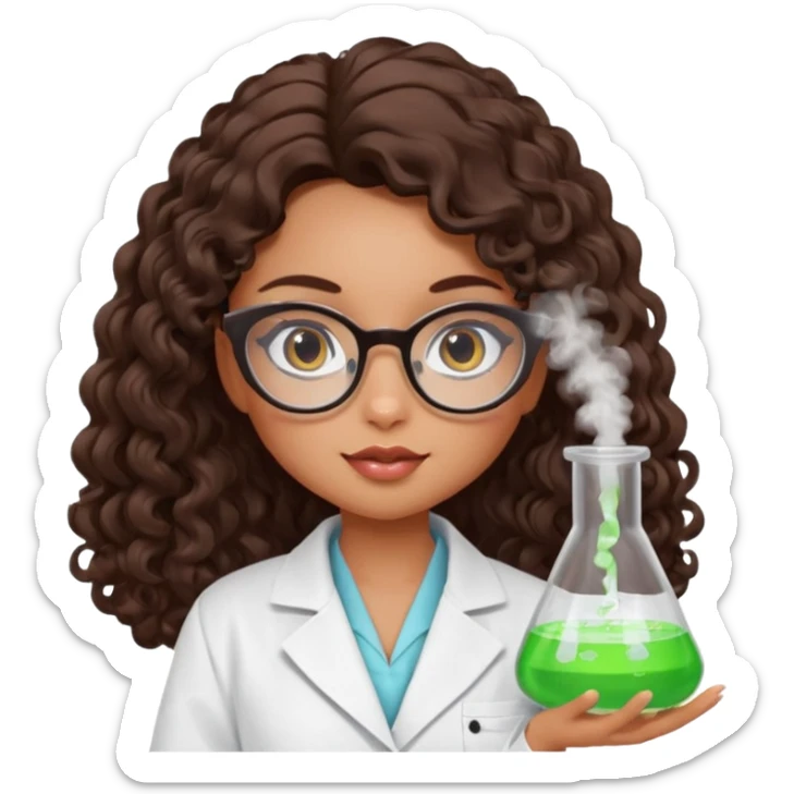 realistic bratz doll with long curly dark brown hair, glasses that are round cat eye vibes, in a lab coat mixing beakers that glow sticker
