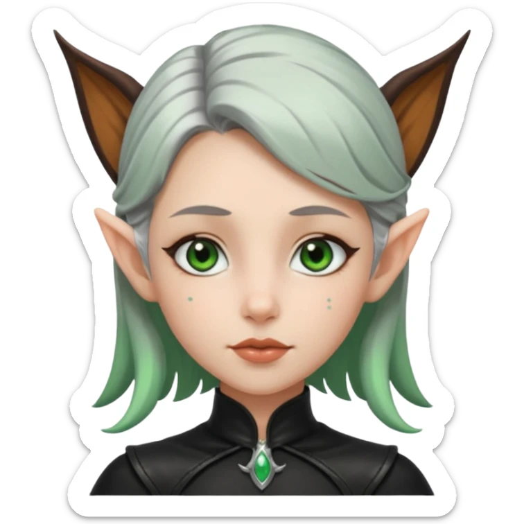 Haz un emoji de una chica con piel blanca ojos marrones y verdes nariz puntiaguda orejas de fae labios finos pelo plateado con un recogido y ropa de cuero negra sticker