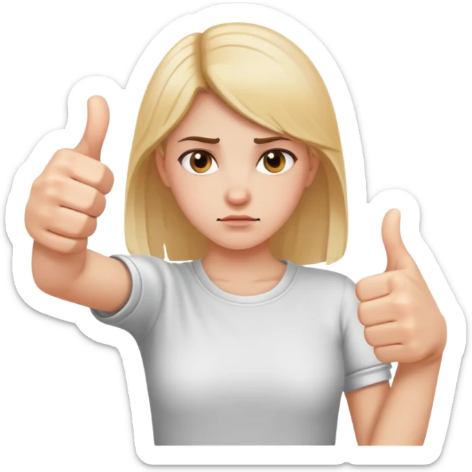 Girl with one hand giving thumbs up and the other hand giving thumbs down, showing mixed feelings, conflicted expression sticker