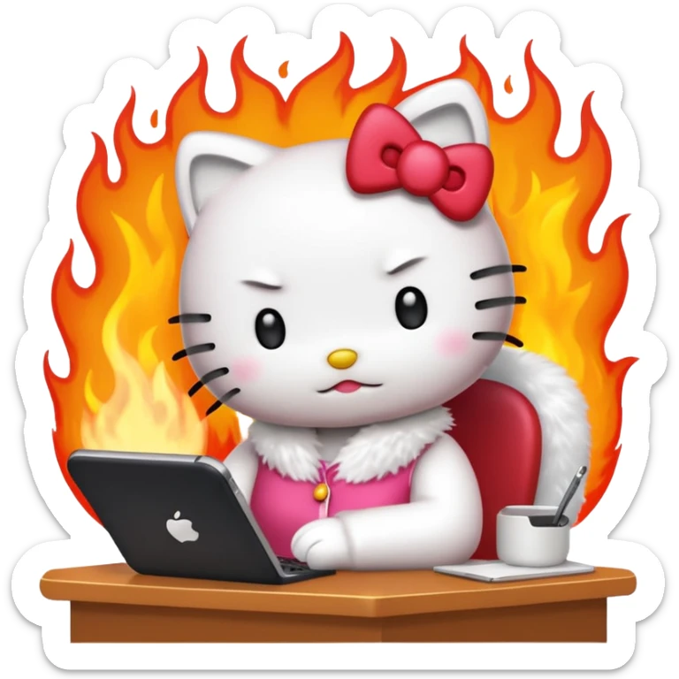 Apple-style emoji illustration of hello kitty character calmly sitting at an office desk, looking at a smartphone and looking relaxed, while the office behind her is subtly on fire. sticker