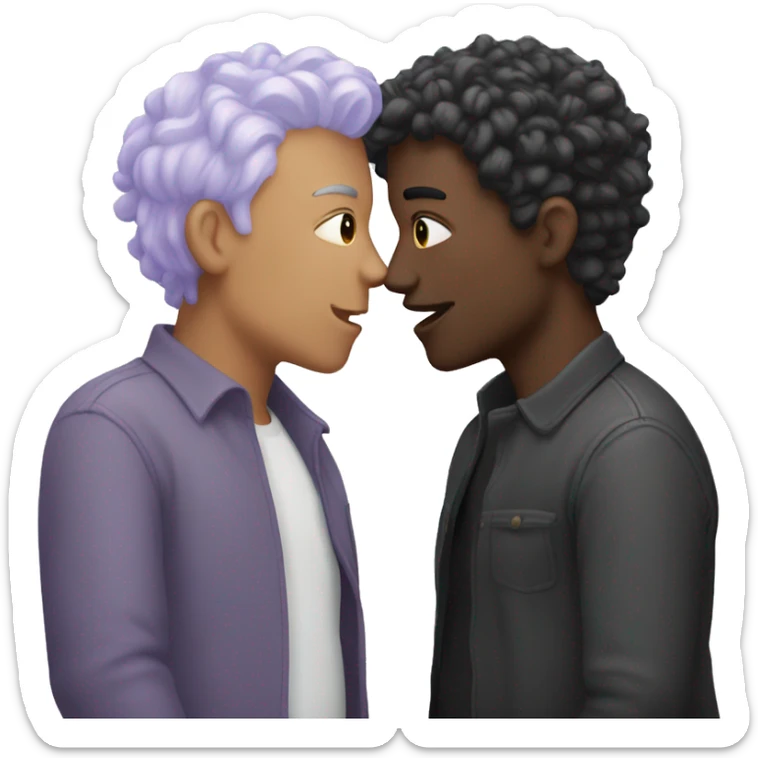 Two men kissing, one of the white with lavender hair and the other person is black with black hair sticker
