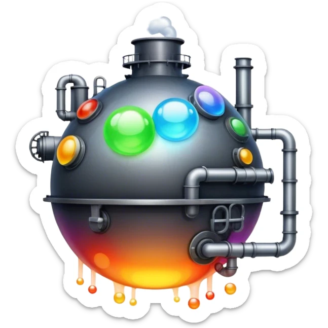 An emoji of a factory, but instead of smoke, creative ideas are coming out as glowing bubbles. sticker