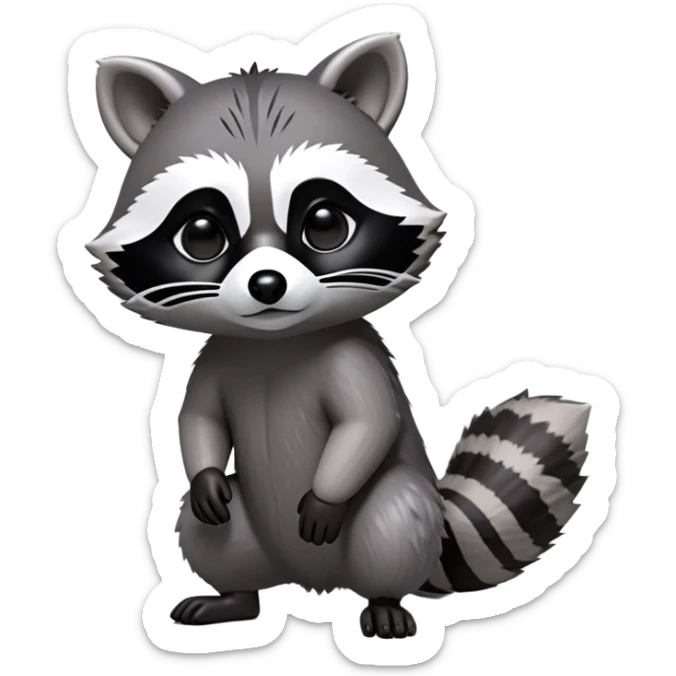Cinematic-cute Raccoon-Realistic-hunched Full-Body on all fours-Emoji – Tail flicking lazily, head tilted dramatically, thick grey fur with a signature black mask, sharp and alert ears, simplified yet realistic focused features, highly detailed, glowing with an almost sarcastic glow big black eyes realistic body sticker