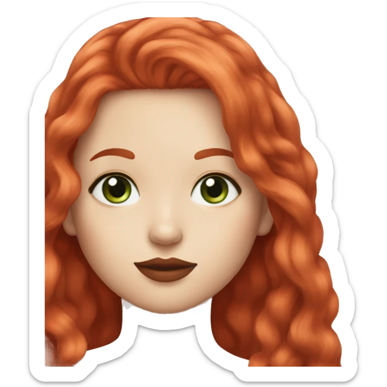 straight long strawberry red hair,red lipstick red,green eyes, white skin and a small nose sticker