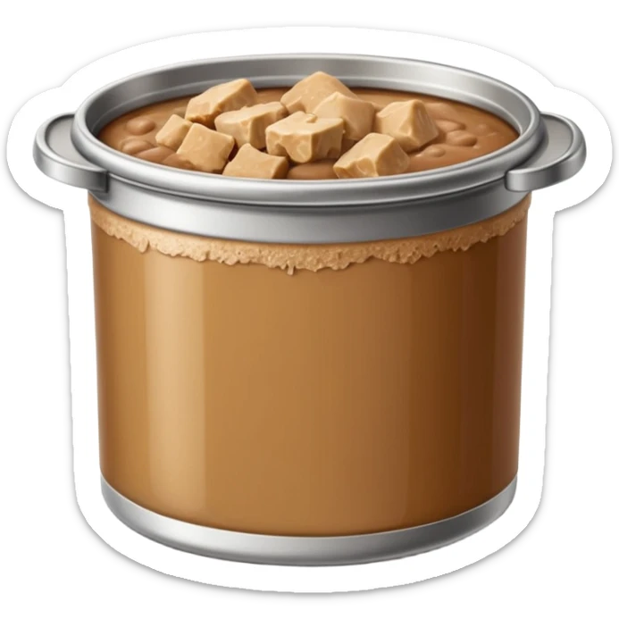 open metal can filled with soft moist chunks or smooth pâté in natural brown tones, slightly glossy gelatinous surface, clean edge, no label, no pet, spoon, or bowl, just the open can and contents, apple emoji style, soft lighting, subtle shadows, transparent background, emoji scale sticker