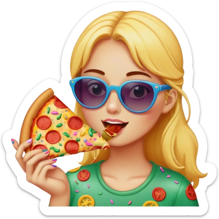 A girl with sunglasses and eatin dlice of pizza sticker