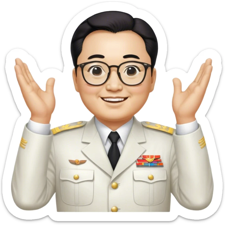 Emoji of General kim il sing wearing his white uniform with his hands behind his back smiling as he looks at you through his big glasses sticker