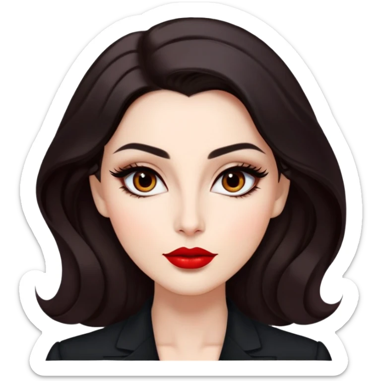 Elegant actress with luminous skin, elongated face, dark almond eyes with tasteful eyeliner, thick eyebrows, straight nose, red lips, voluminous dark hair with gentle waves, black professional attire, dignified confident pose sticker