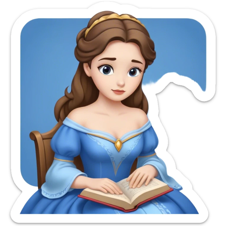 Cinematic Elegant Belle Portrait Emoji, Sitting with an open book, eyes dreamy with thought, her iconic blue village dress draped gracefully, exuding intelligence, kindness, and timeless charm! sticker