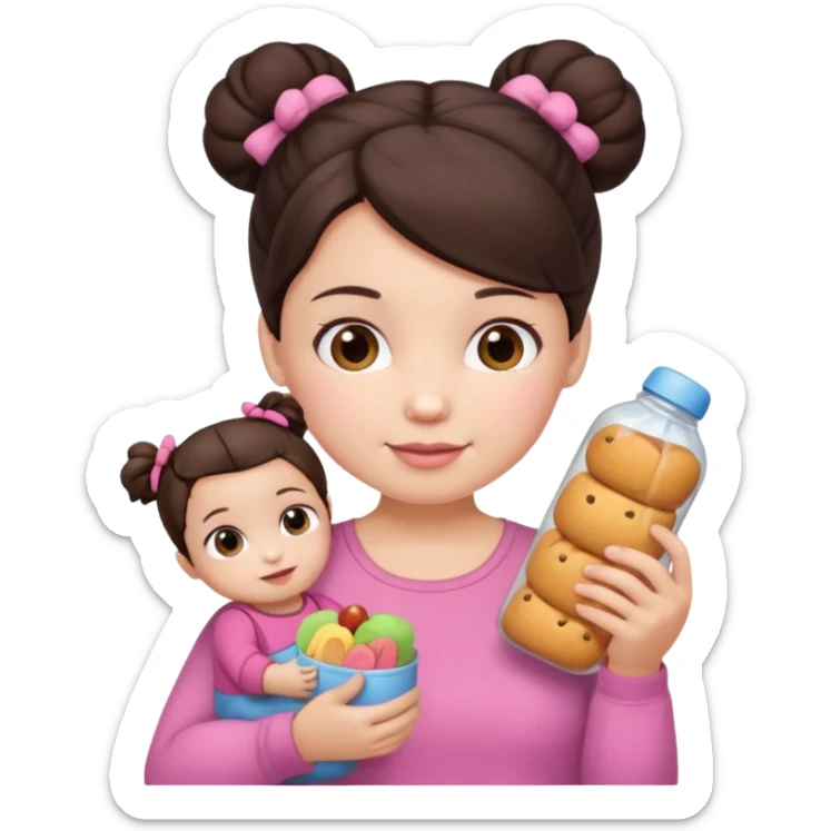 Cute small Toddler emoji with two small buns dark brown hair, fair skin, in pink top, holding toddler snacks & doll sticker