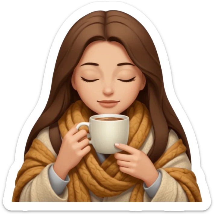 long brown hair woman closed eyes hiding under a cozy wool beige blanket, holding cup of coffee, autumn mood sticker