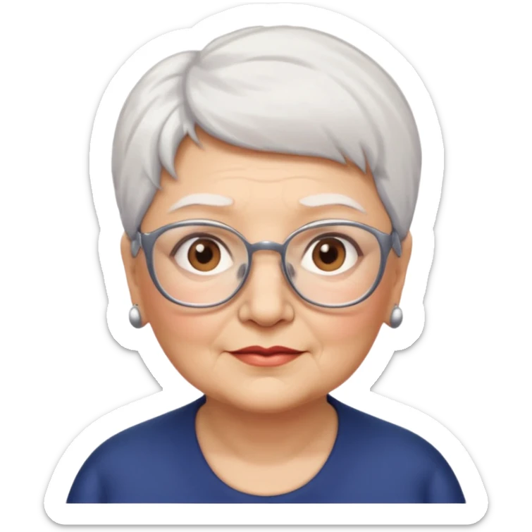 Create me emoji of an old mid-fat lady. Short white hair to left side. Square glasses. Brown eyes. No earings sticker