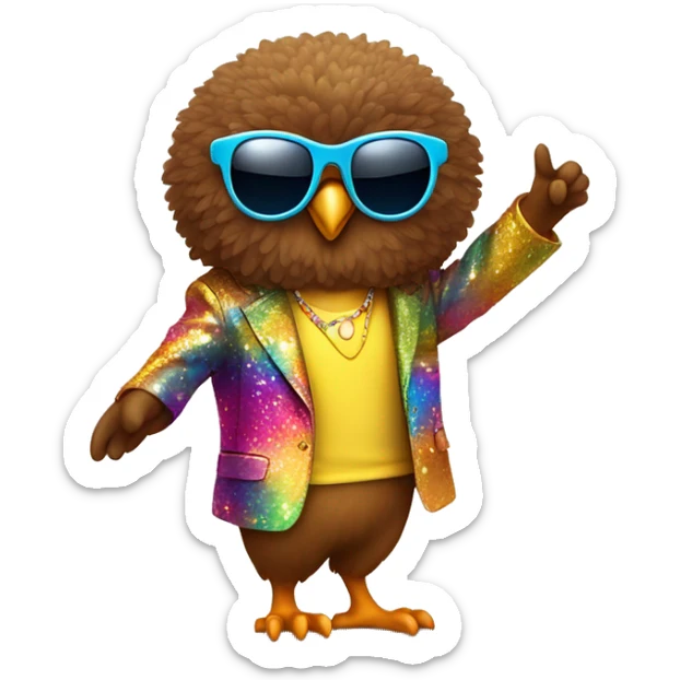  A cute short stubby brown owl with a Afro and sun glasses and a colorful disco suit doing a dance pose sticker