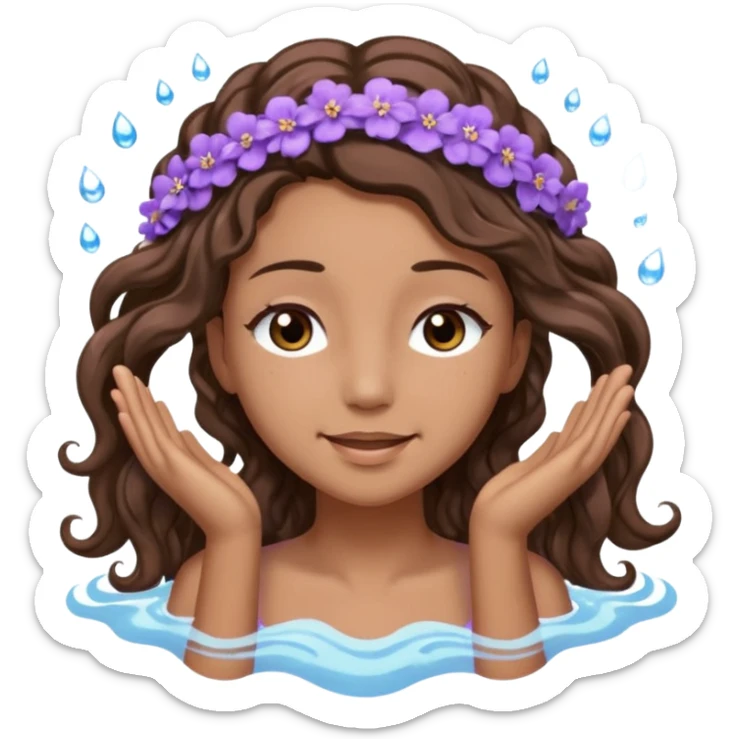 Sticker 3D joven de piel morena clara, ojos marrón oscuro y pestañas largas. Cabello castaño ondulado extralargo hasta la mitad de los glúteos. Viste DE lavanda. con abundante espuma  sobre su cabeza y manos en el pelo, ojos cerrados, expresión feliz. Render con destellos de agua. sticker