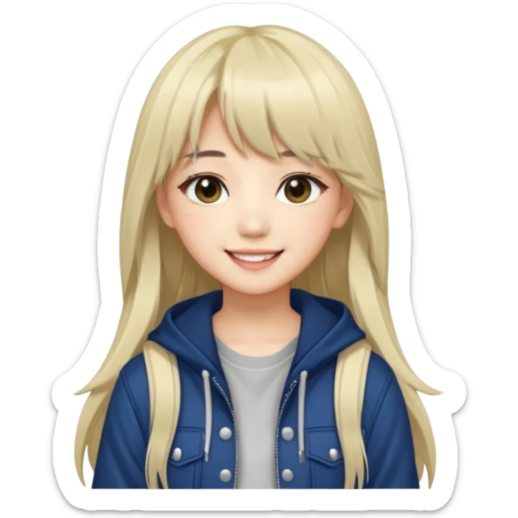 Portrait of a young female K-pop idol, wearing a stylish streetwear outfit with layered clothing, long hair with bangs, cool face sticker