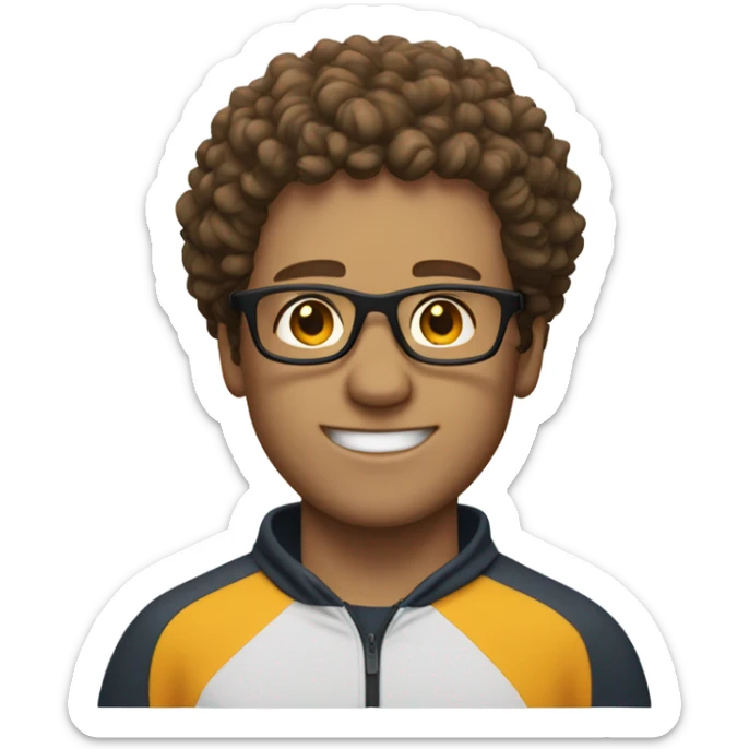 white man with glasses, and short brown curly hair, with sportswear sticker