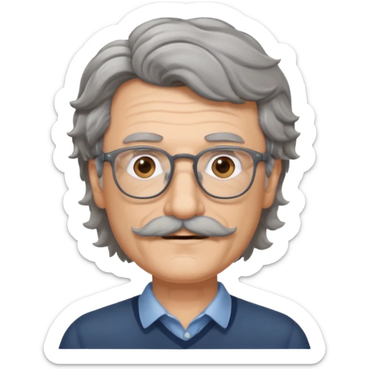Generate a portrait of a slightly older man with glasses. His hair is quite thin, gray, but wavy. He has brown eyes and a mustache. sticker