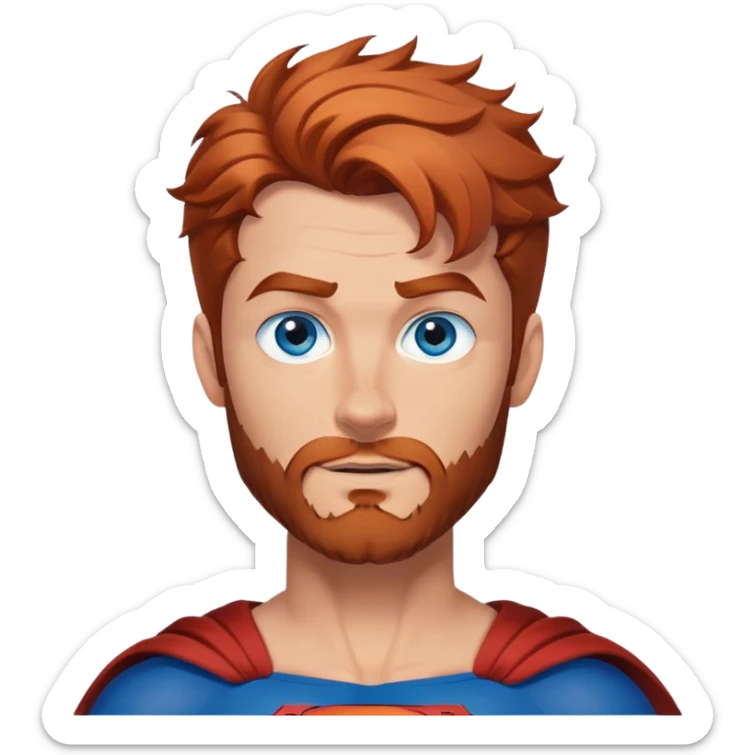 flying superman，half body, blue eyes, Irish redish messy hair, trimmed facial hair sticker