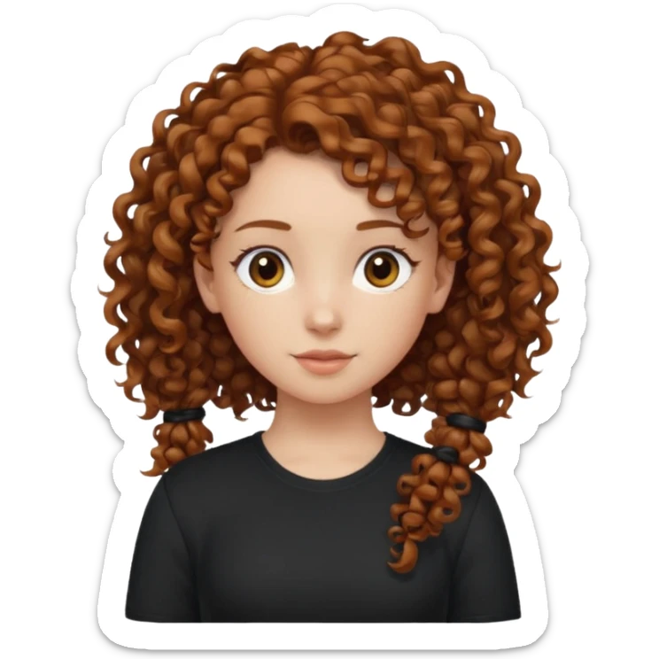 Girl, chestnut colored curly hair, only one ponytail, black shirt sticker