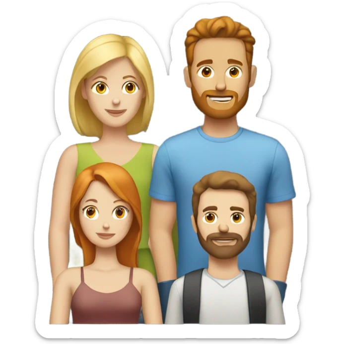 A Blonde woman, a redhead woman and a brown haired man with a short beard sticker