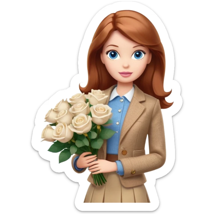 A Barbie girl with blue eyes, shoulder-length reddish-brown hair, made-up, wearing a beige tweed jacket and a beige skirt, with a bouquet of white roses sticker