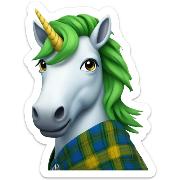 Scottish Unicorn wearing a green, blue, and yellow tartan kilt  sticker