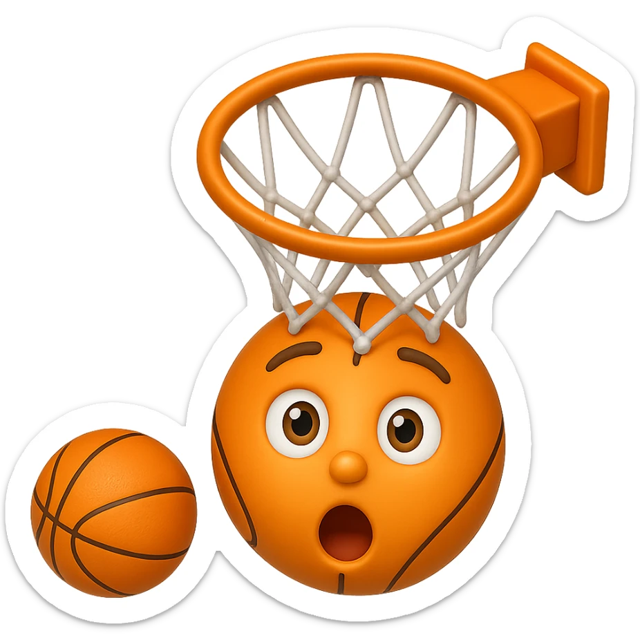 Change the perspective to be from the top of the key, with the basketball about a foot off the rim, in the style of apple emojis, keep the background transparent. sticker