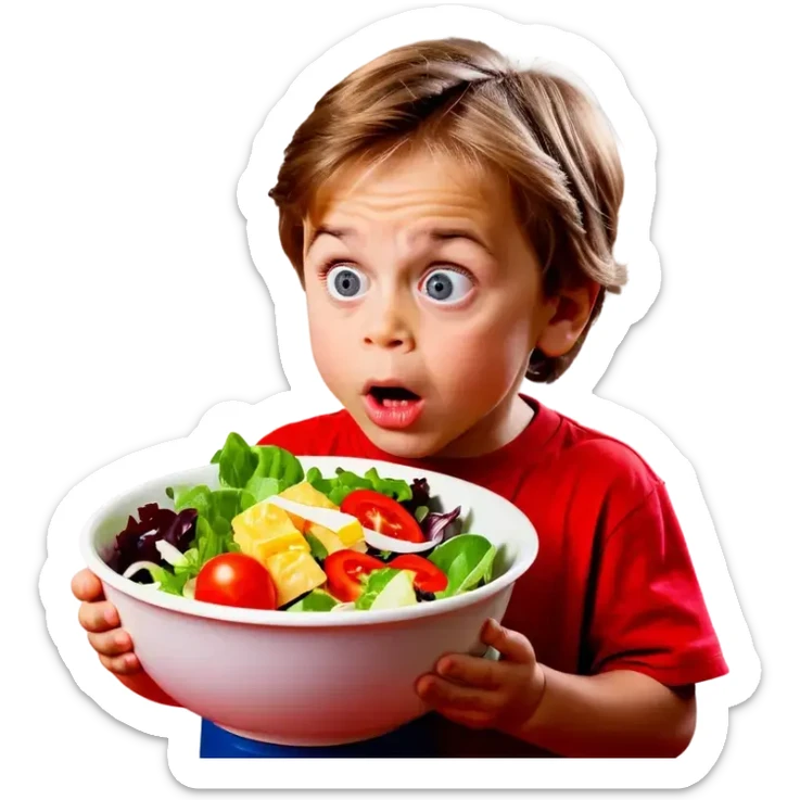 A 4-year-old boy who doesn't like to eat salad. The boy has expressive eyes and light brown hair. sticker