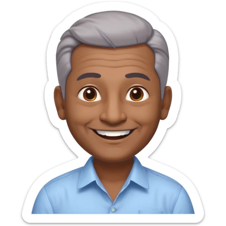 50 yr old indian man, dark skin, grey hair, big smile, white teeth, chubby, no moustache, clean shaven, young style hair, hair brushed back, 5 oclock shadow, bindy on forehead, dress shirt, forehead dot sticker