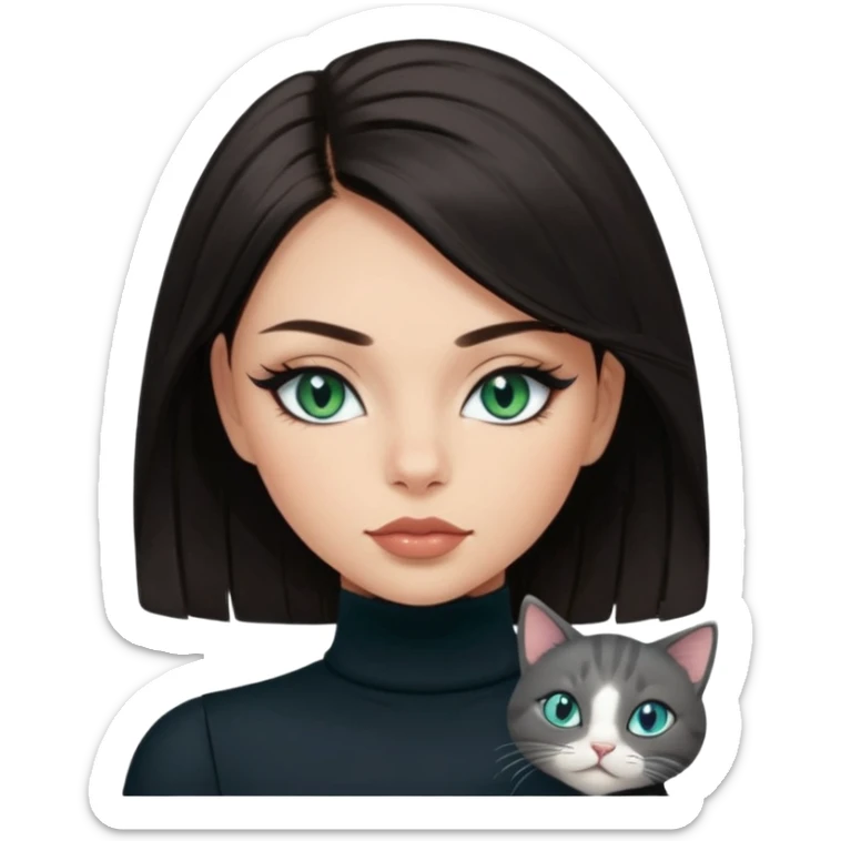 girl with dark straight hair, light medium skin tone, blue-green eyes, full lips with gloss, cat eye eyeliner and long lashes, wearing black turtleneck without sleeves sticker