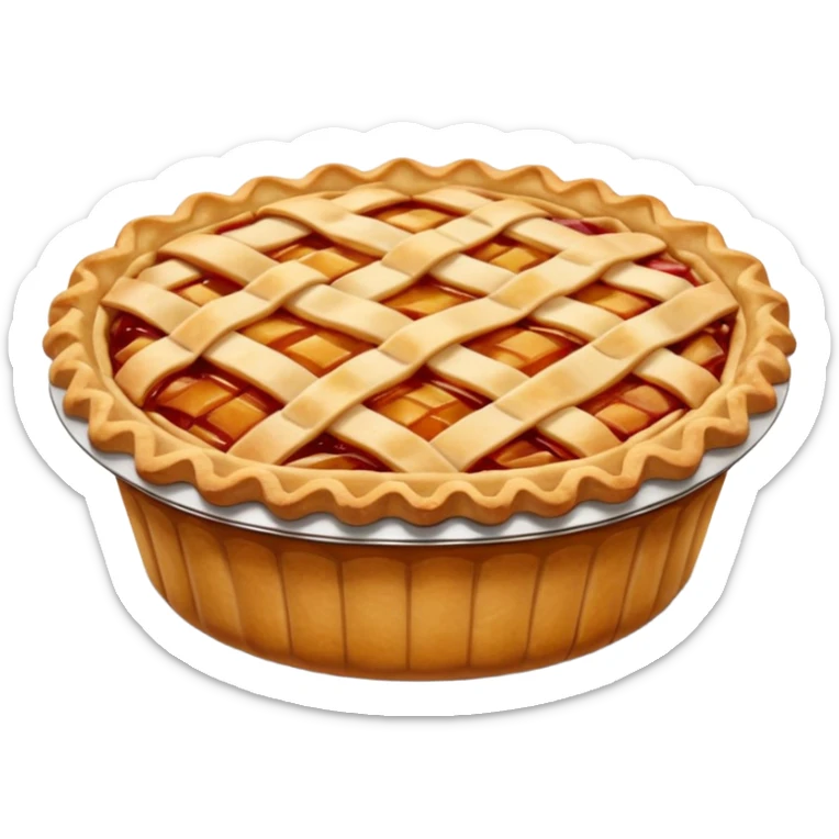 A highly detailed, photorealistic 3D render of a small, individual apple pie, with a golden-brown lattice crust. The filling is a rich, glistening red-amber, bubbling slightly.  sticker