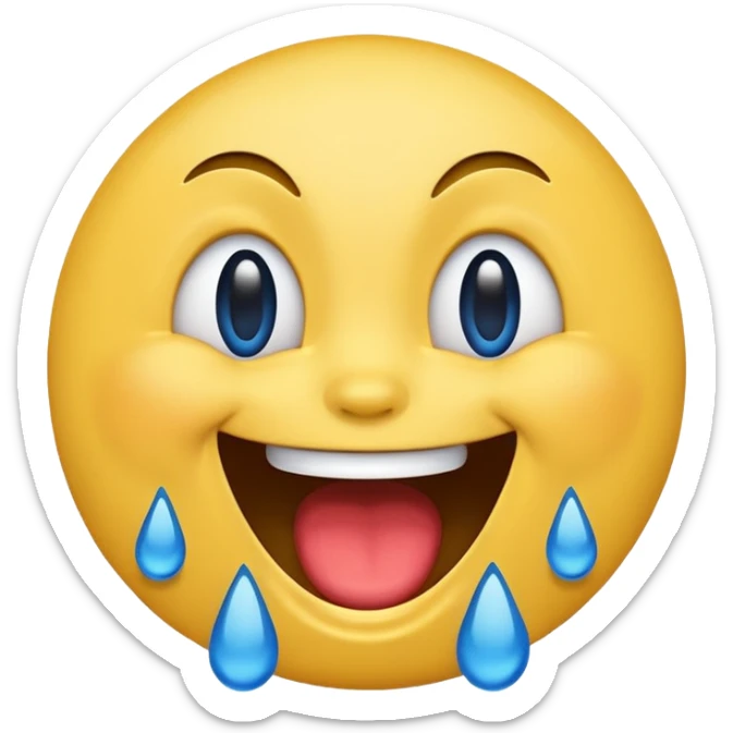 Emoji, yellow round laughing hysterically face, with blue tears of joy on it.  sticker