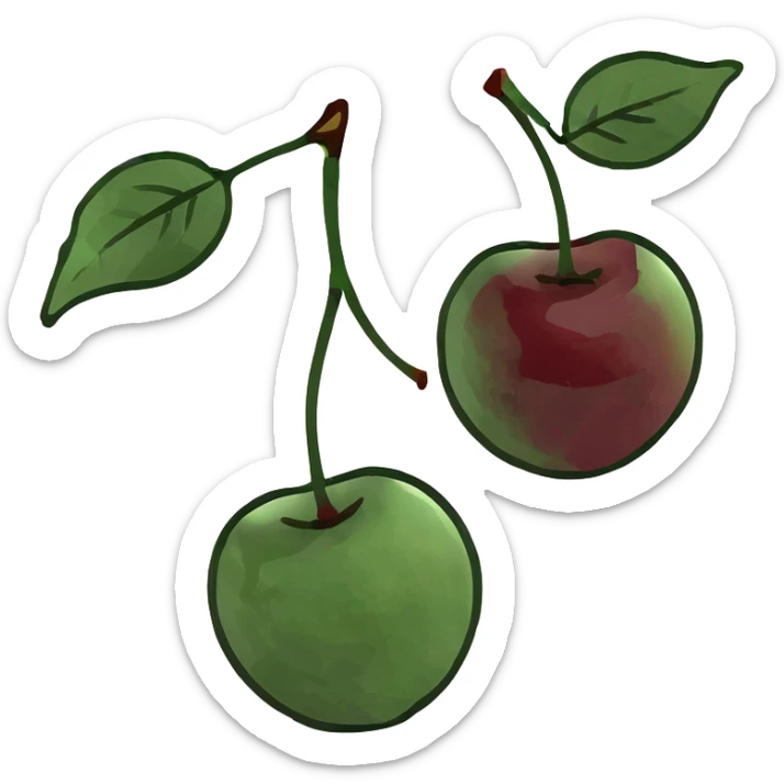 3D style pair of deep burgundy cherries with green stem, rich dark red color sticker