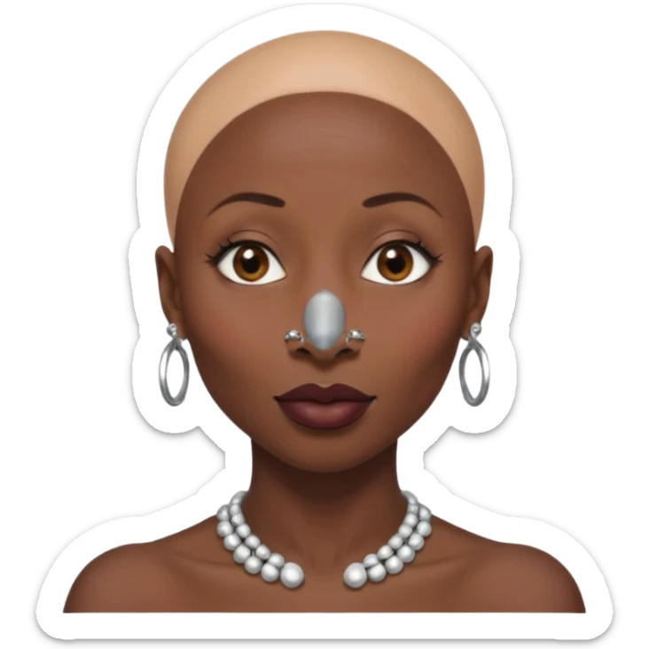 Grown black (proud) woman, bald with a perfect head, a prominent nose with a septum piercing, many piercings on her ears, a gap between her front teeth and very long nails (cynthia erivo) sticker