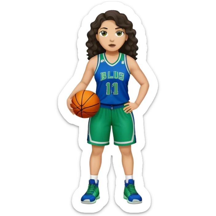 full body plus size light skin latino women basketball player with wavy dark hair large wide nose wearing blue with green uniform sticker