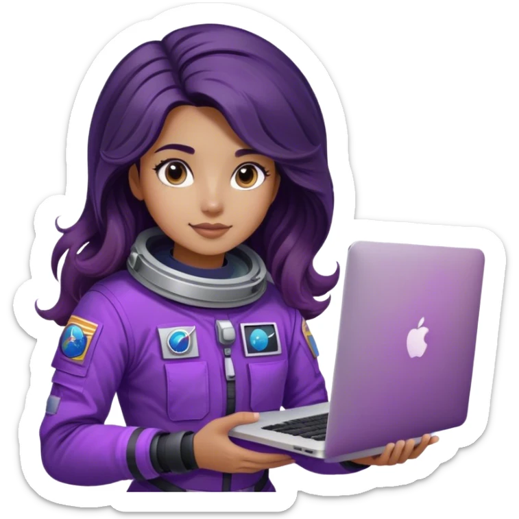 girl astronaut with purple suit, lashes, long ombre black/brown wavy hair and one macbook sticker